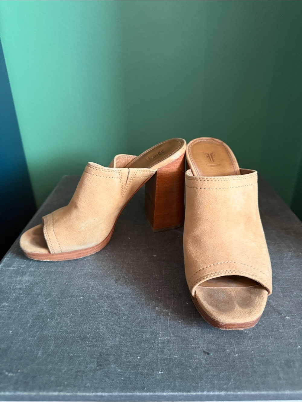 Frye Tan Suede Open-Toe Block Heel Mules
